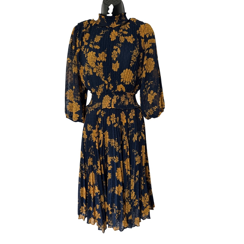 Nanette Lepore Navy Gold Floral Swiss Dot Smocked Pleated Midi Dress Size 8